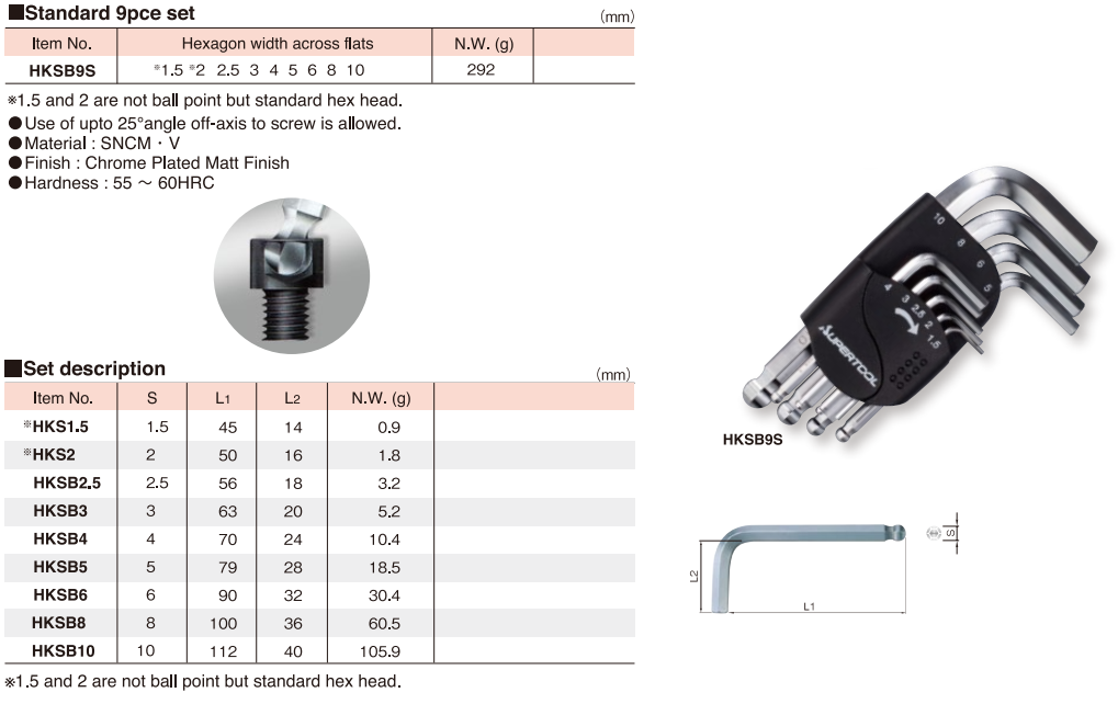 Bộ lục giác ngắn SUPERTOOL HKSB9S
