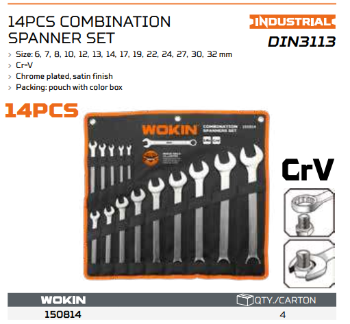 Bộ cờ lê vòng miệng 14 chi tiết 6-32mm INDUSTRIAL WOKIN 150814 - Hàng chính hãng