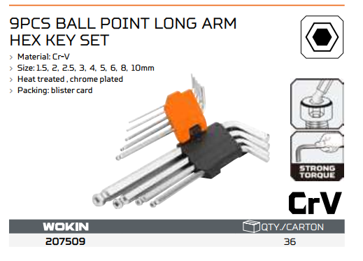 Bộ lục giác cây dài đầu bi 1.5-10mm WOKIN 207509 - Hàng chính hãng